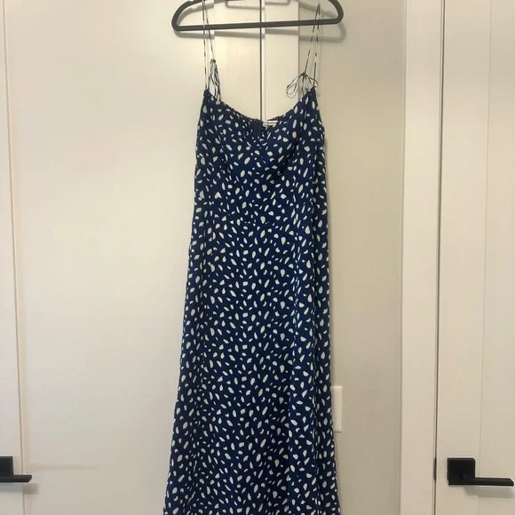 Reformation Blue Polka Dot Viscose Midi Dress Size 14 Bustier Slit - Picture 4 of 6